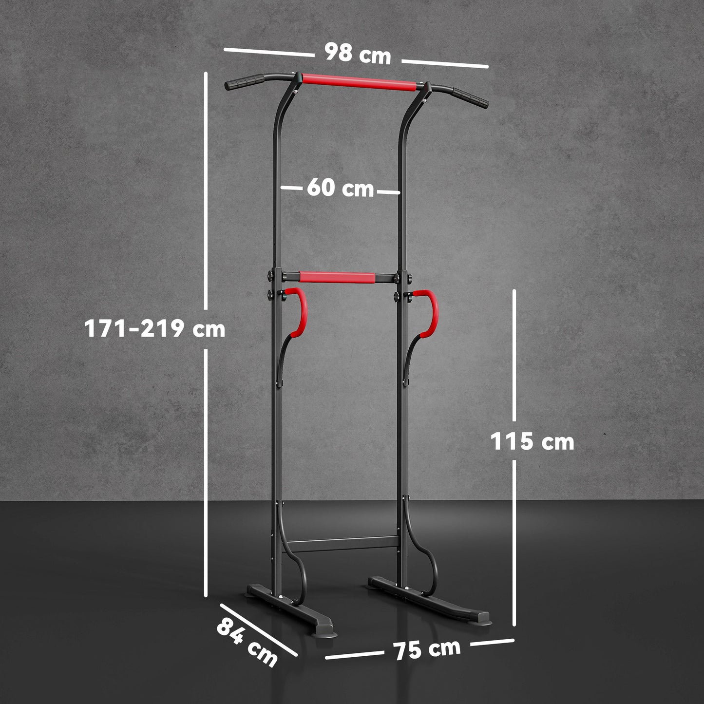 Verstelbare Power Tower – Dipstation – Pull-Up Bar – Fitnessrek – Krachtstation – Zwart Rood – Stevig Stalen Frame – Antislip Zuignappen