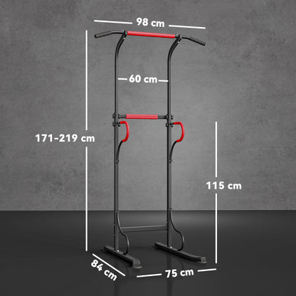 Verstelbare Power Tower – Dipstation – Pull-Up Bar – Fitnessrek – Krachtstation – Zwart Rood – Stevig Stalen Frame – Antislip Zuignappen