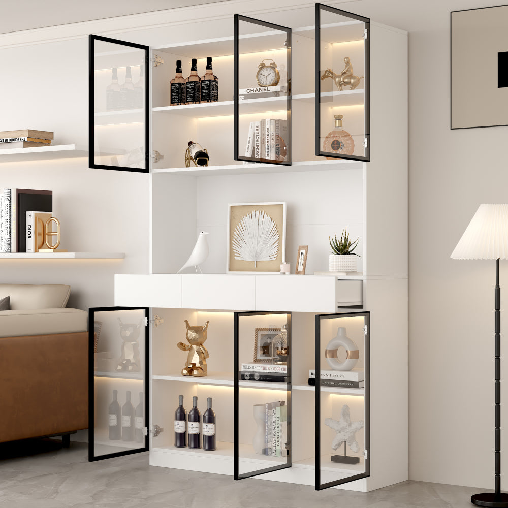 200 cm High Glass Cabinet Doors | White Multi-Tiered Storage Bookshelves with Black and White Door Frames, Suitable for Collectibles, Bedrooms, Living Rooms, and Offices, Contemporary Style, Metal Material