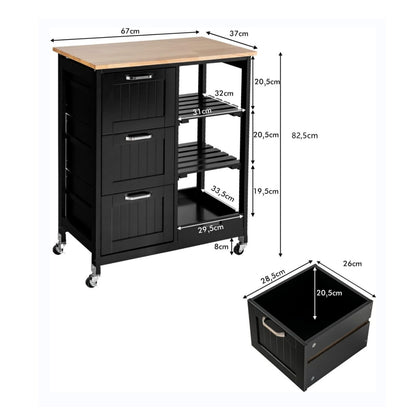 Keukentrolley – Keukenwagen – Opbergtrolley – Keukenkar – Mobiele Keukentrolley – Rubberhouten Werkblad – 3 Grote Lades & 2 Open Planken