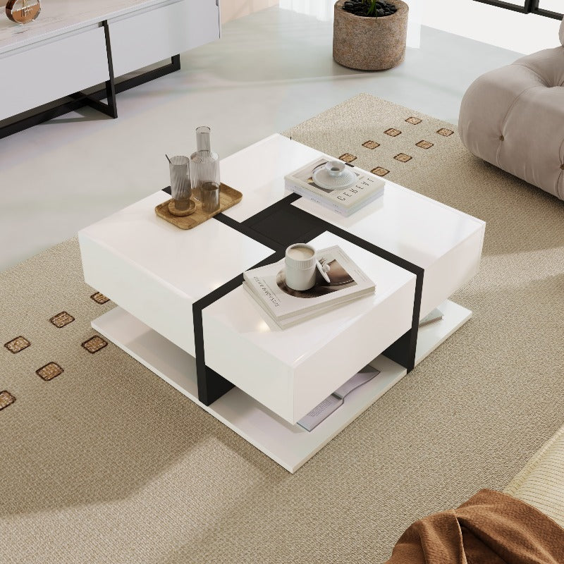Moderne Salontafel – Hoge Glans Tafel – Opbergtafel – Lade Tafel – Vierkante Tafel – 4 Uittrekbare Laden – Duurzame Constructie – 78x78x36 cm