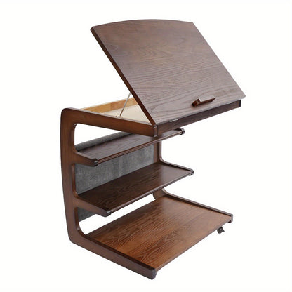 Mobiele Bijzettafel – Sofa Trolley – Bedtafel – Laptop Tafel – Opbergrek – 4 Lagig – Verstelbaar Bovenblad – Houtlook Bruin