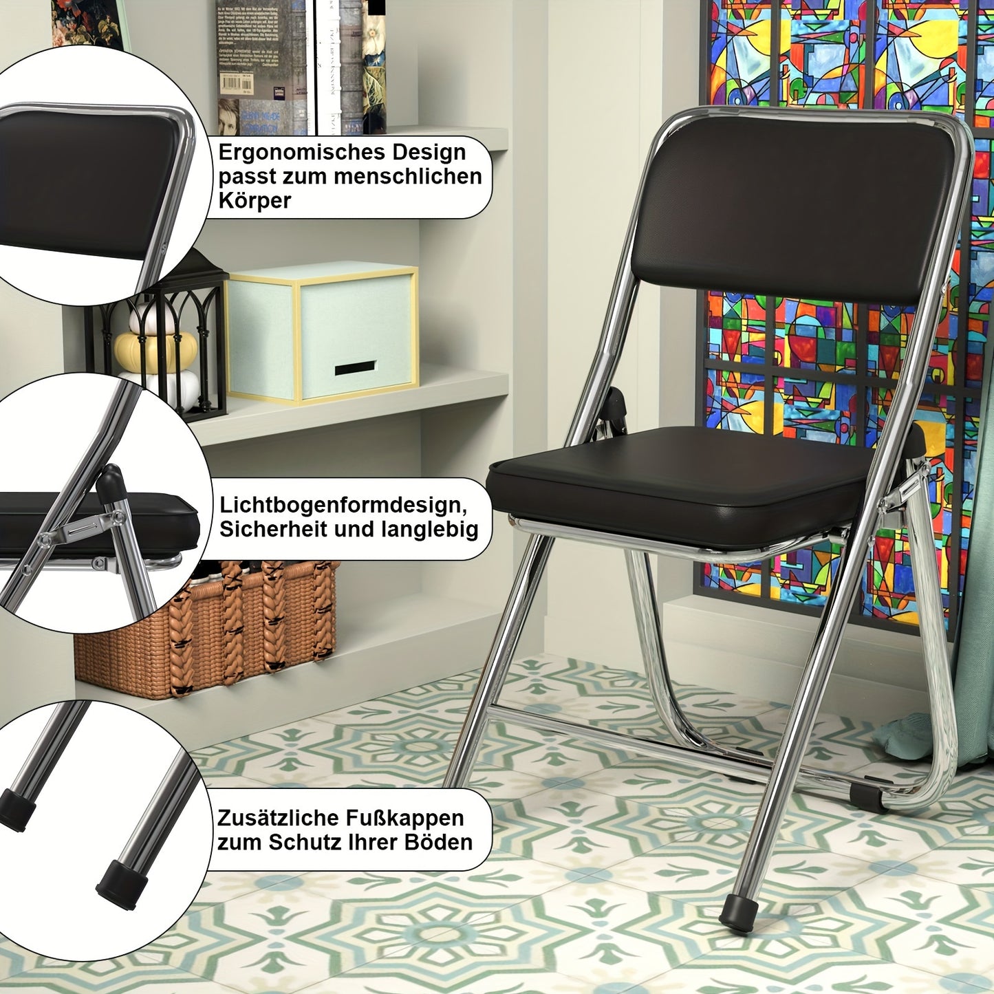 Set van 4 Comfortabele Opvouwbare Stoelen – Leren Bezoekersstoelen en Eetkamerstoelen – Padded Keukenstoelen voor Binnen, Buiten en Vergaderruimtes, Zwart