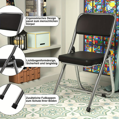 Set van 4 Comfortabele Opvouwbare Stoelen – Leren Bezoekersstoelen en Eetkamerstoelen – Padded Keukenstoelen voor Binnen, Buiten en Vergaderruimtes, Zwart