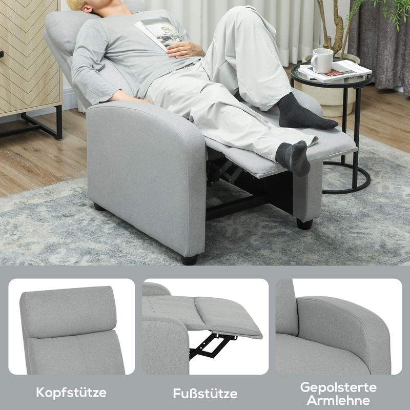 Relaxfauteuil – Lounge Chair – Verstelbare Fauteuil – Relaxstoel – Zitfauteuil – Lichtgrijs – Handmatig Kantelbaar Tot 135° – Uitschuifbare Voetensteun