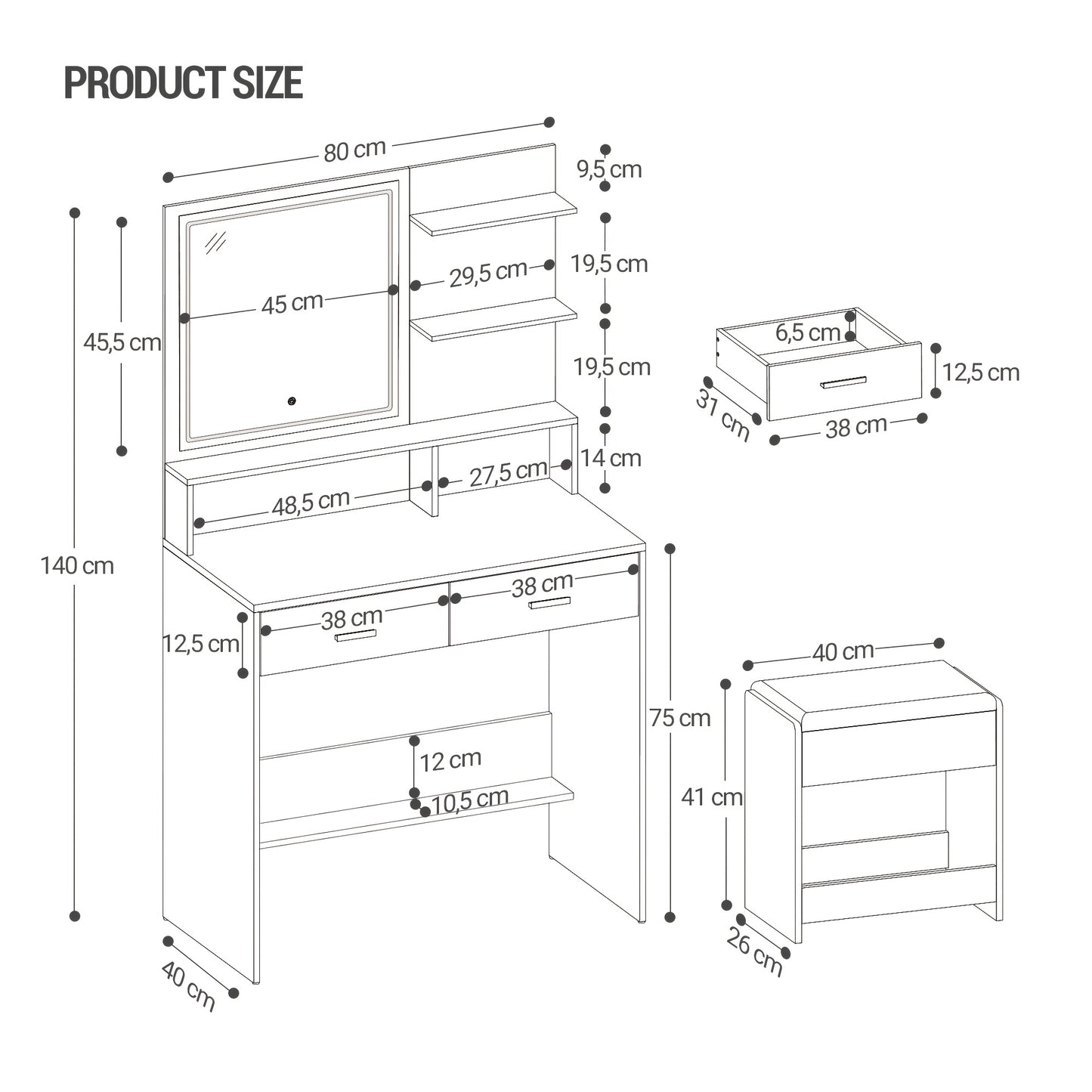 Dressing Table With Adjustable LED Lights, Rechargeable AC Socket And USB Port, Vanity Makeup With Soft Dressing Stool, 2 Drawers, Open Organisers, For Bedroom, Cloakroom, White