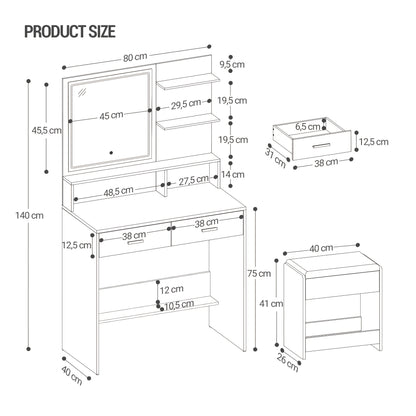 Dressing Table With Adjustable LED Lights, Rechargeable AC Socket And USB Port, Vanity Makeup With Soft Dressing Stool, 2 Drawers, Open Organisers, For Bedroom, Cloakroom, White