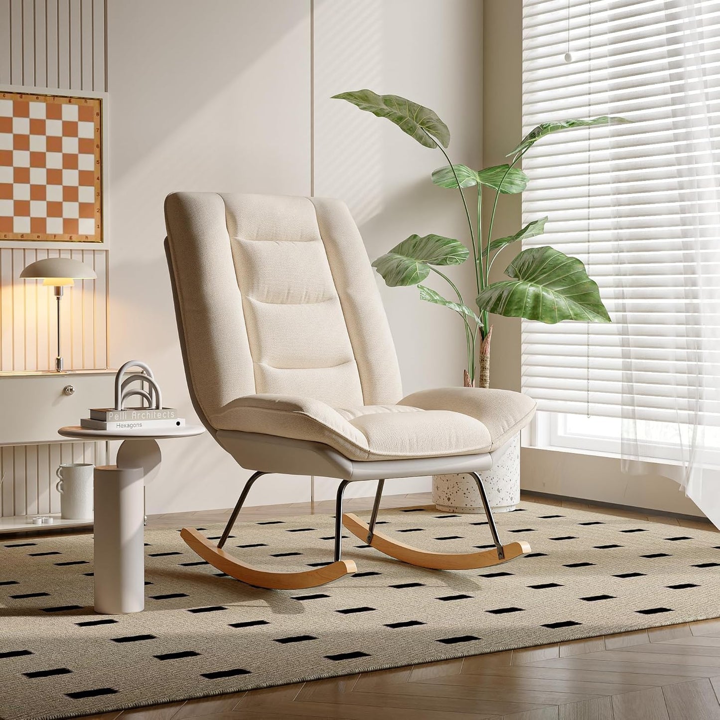 Schommelstoel – Relaxstoel – Ligstoel – Loungestoel – Creme Wit – 12-Posities Verstelbare Rugleuning – Dubbel Laags Technisch Stofontwerp