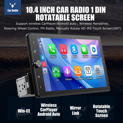 Autoradio – Auto Stereo – Single DIN Headunit – Multimedia Systeem – Draaibaar Touchscreen – 10,4 Inch HD IPS Display – Draadloos Apple CarPlay & Android Auto