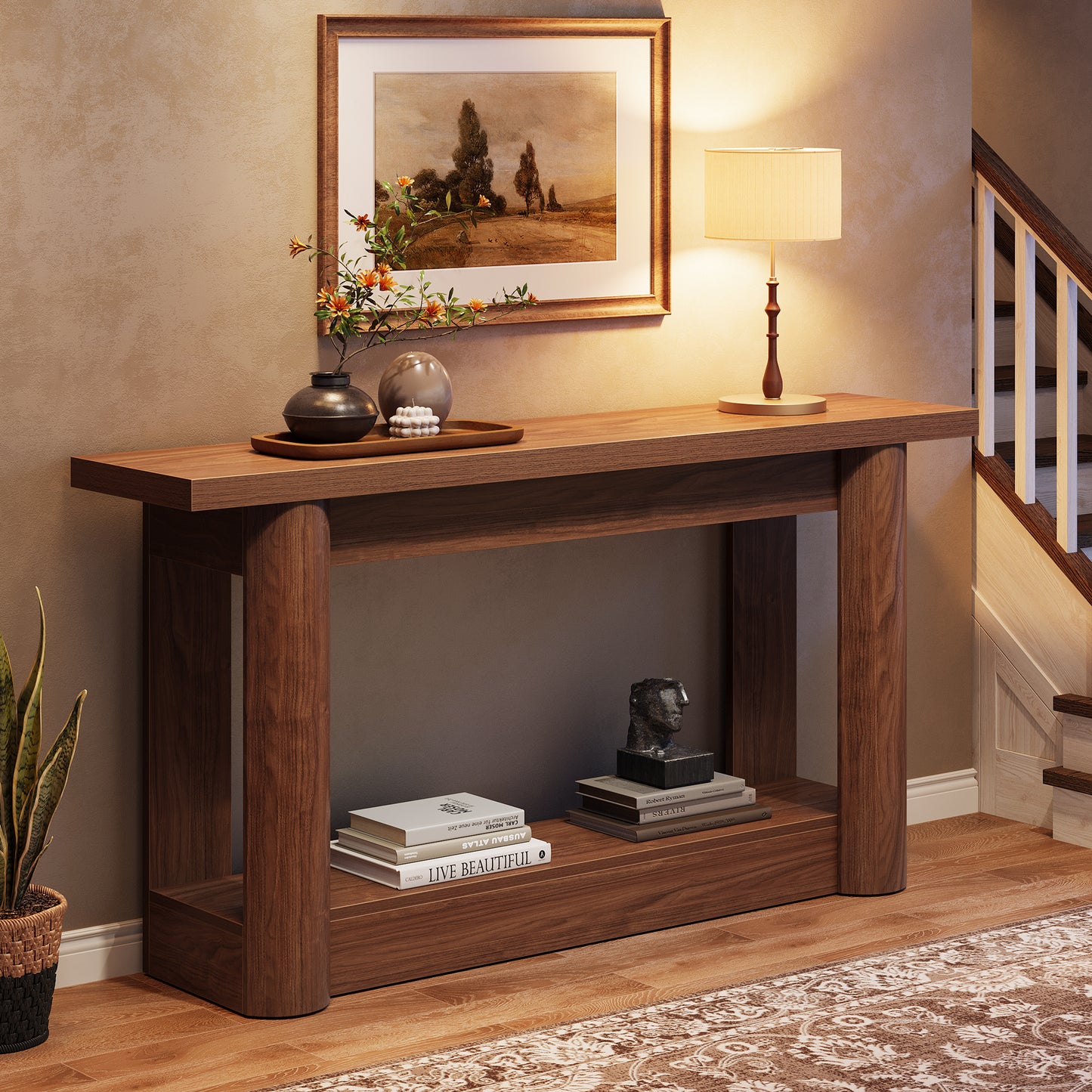 Console Tafel – Sofa Tafel – Sidetable – Haltafel – Accenttafel – 160 cm – U-Vormige Grijze Basis – Vintage Brown & Gray – Houten 2-Lagen – Landelijk Design