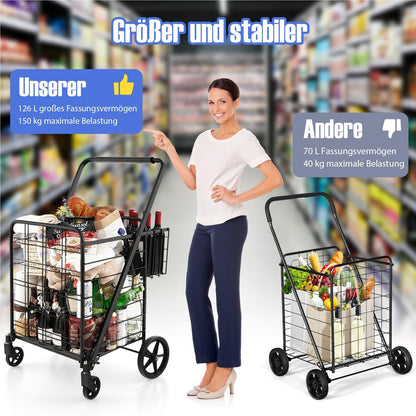 Boodschappentrolley – Opvouwbare Winkelwagen – Trolley Op Wielen – Handkar – Boodschappenkar – Zwart – Dubbele Grote Manden – Tot 150 kg Draagkracht