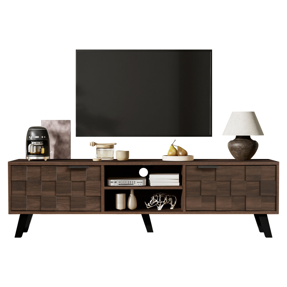 Modern TV Stand with Double Doors & Shelves - Dark Wood Grain Metal Frame, Assembly, Space-Saving, Open/Shelf Storage Suitable for, Apartment, Dorm - 160.5 x 35.5 x 45cm