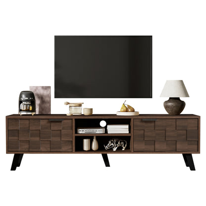 Modern TV Stand with Double Doors & Shelves - Dark Wood Grain Metal Frame, Assembly, Space-Saving, Open/Shelf Storage Suitable for, Apartment, Dorm - 160.5 x 35.5 x 45cm
