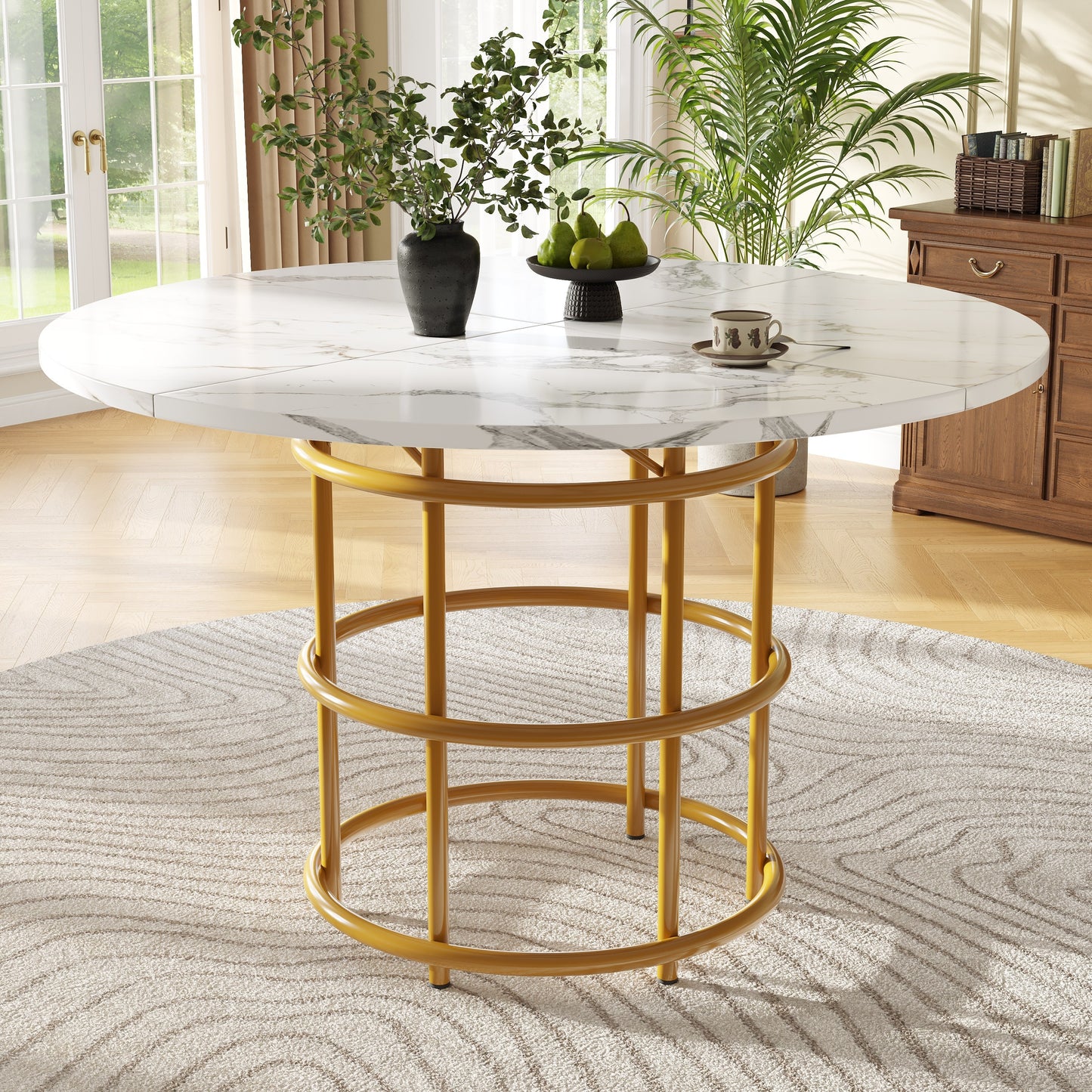 Ronde Eettafel – Eettafel Rond – Keukentafel – Tafel Marmerlook – Tafeltje Goudkleurig Metaal – 100 cm Diameter – Verstelbare Poten