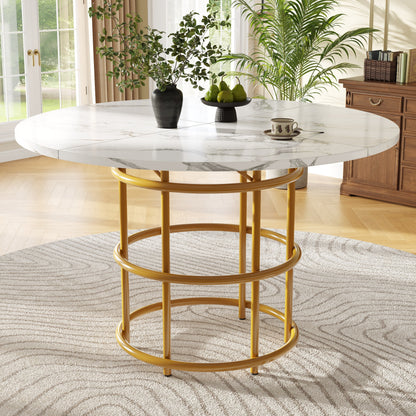 Ronde Eettafel – Eettafel Rond – Keukentafel – Tafel Marmerlook – Tafeltje Goudkleurig Metaal – 100 cm Diameter – Verstelbare Poten