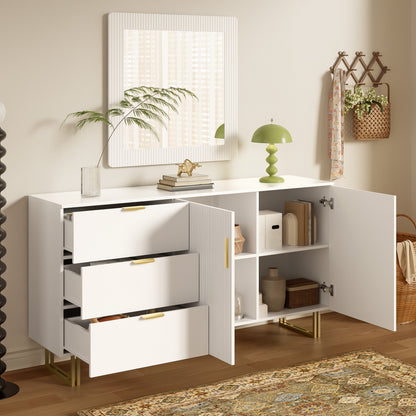 Spiegel en Sideboard Set – Wandspiegel – Dressoir – Opbergmeubel – Kastje – Wit met Gouden Accenten – 80x80 cm Spiegel – 3 Lades en 2 Deuren