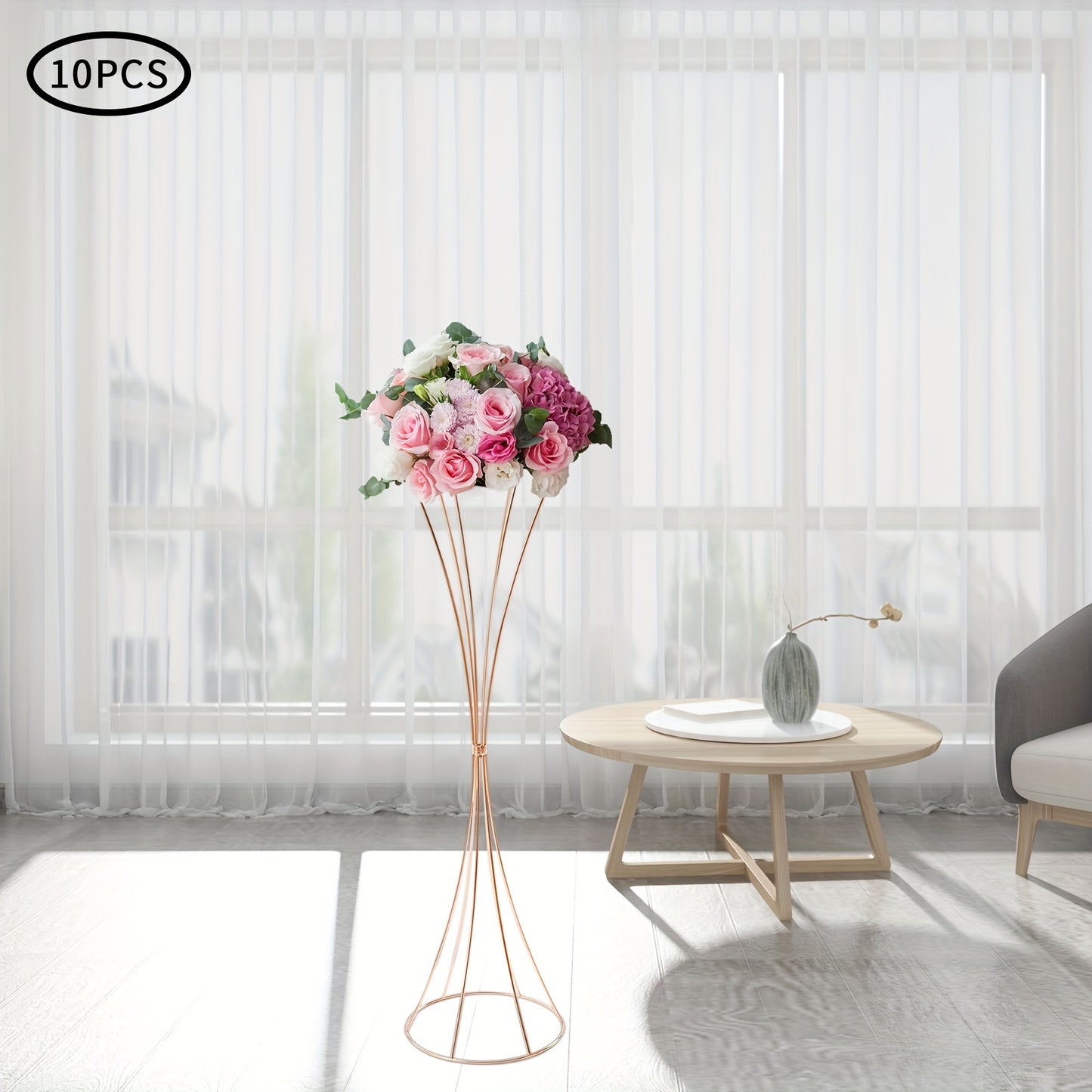 Glazen Vaas – Tulpenvaas – Bloemvaas – Decoratievaas – Wedding Centerpiece – Gouden Metalen Frame – 80 cm Hoogte – Set van 10 Stuks