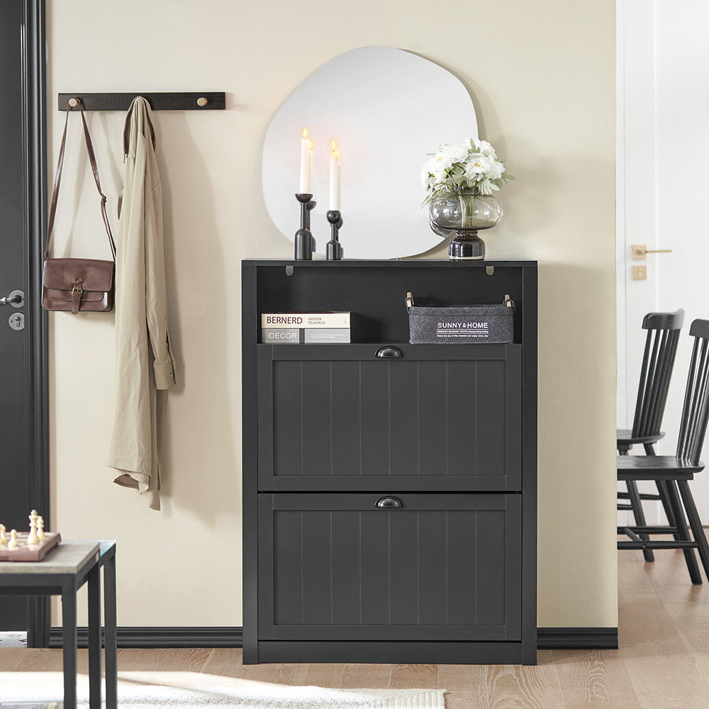 Schoenenkast – Schoenopberger – Schoenrek – Schoenmeubel – Dressoir – Wit – Twee Inklapbare Lades – Glazen Bovenblad