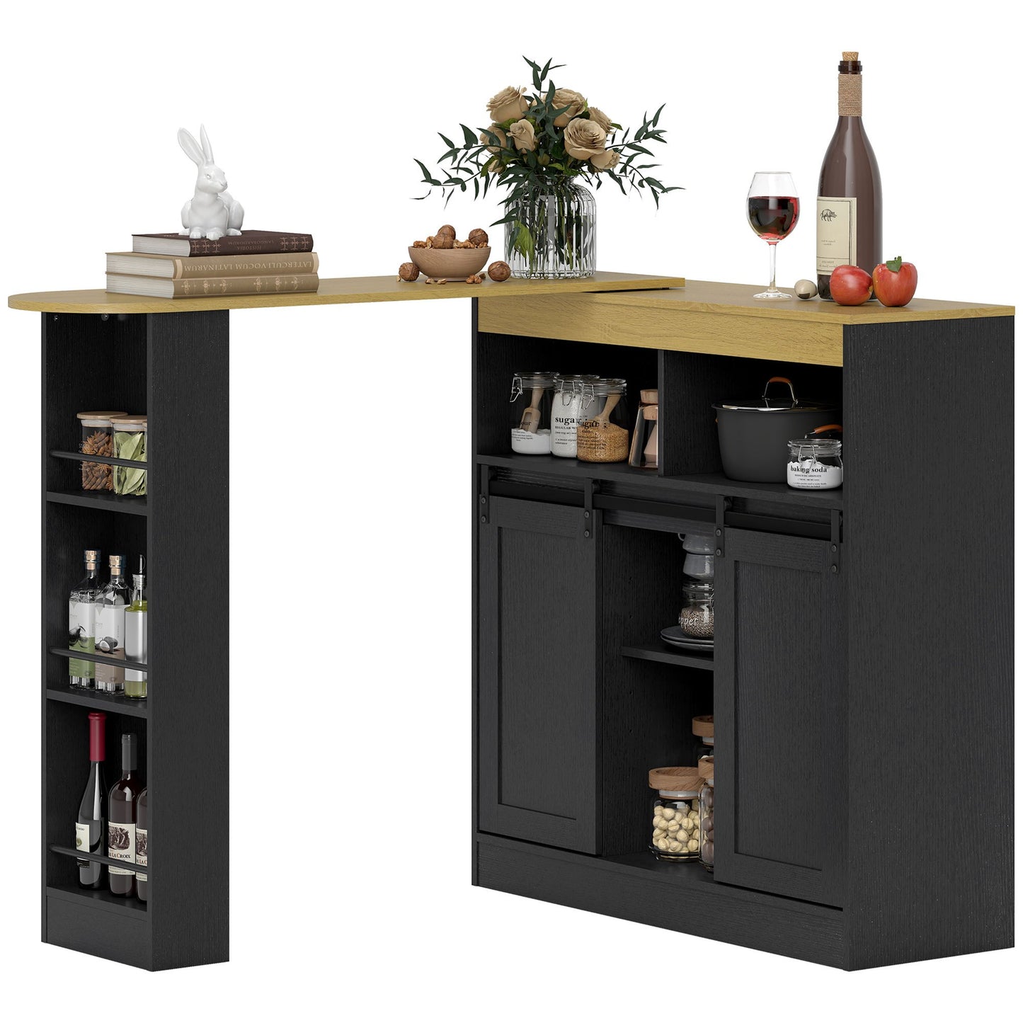 Barkast – Drankkast – Wijnkast – Barmeubel – Buffetkast – Uitschuifbaar Ontwerp – 3 Verstelbare Schappen – Zwart Spaanplaat
