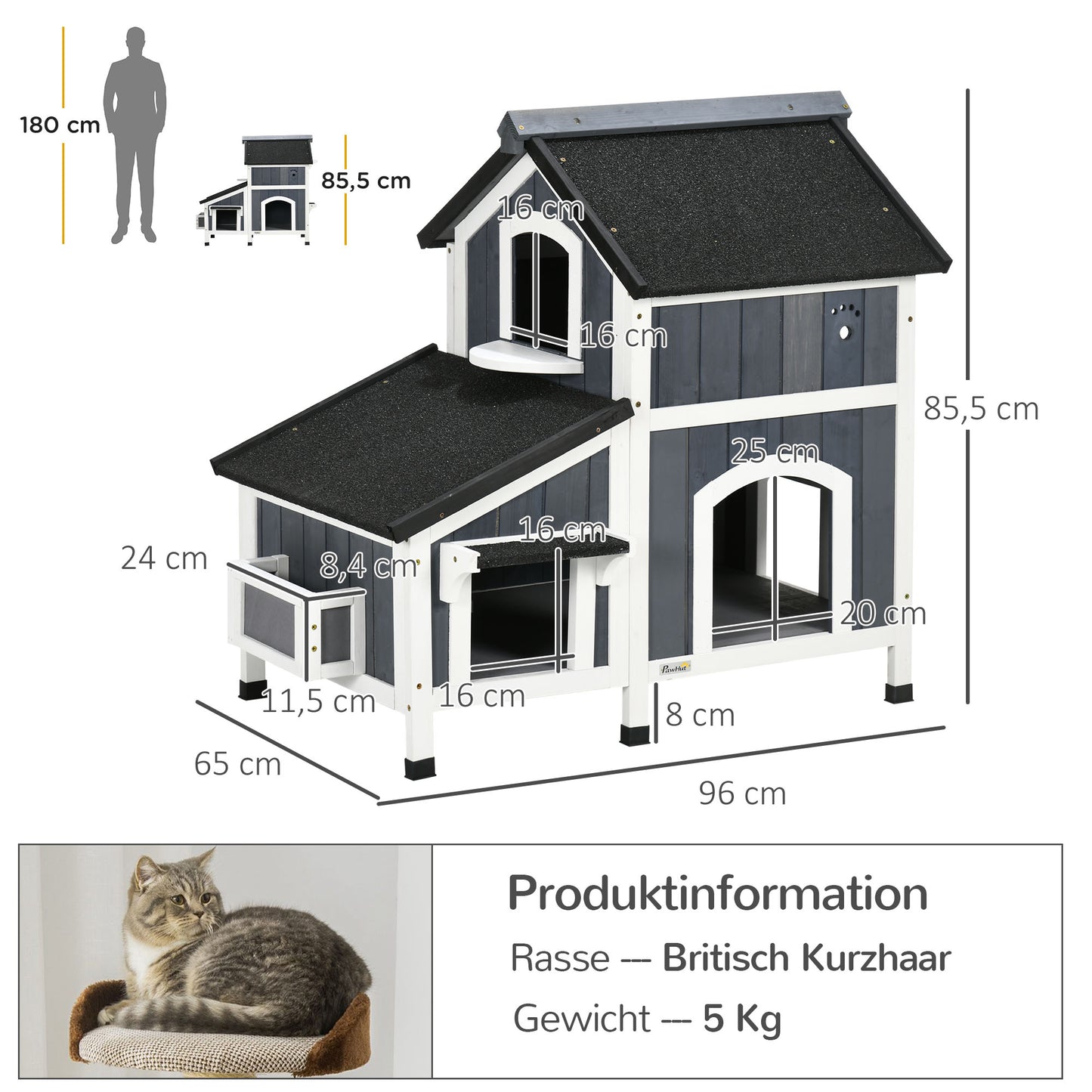 Buitenhuis Kat – Katzenhuis – Kattenhok – Kattenverblijf – Kattenhuisje – Grijs – Waterbestendig Grenenhout – Asphalt Dak met Verhoogde Vloer