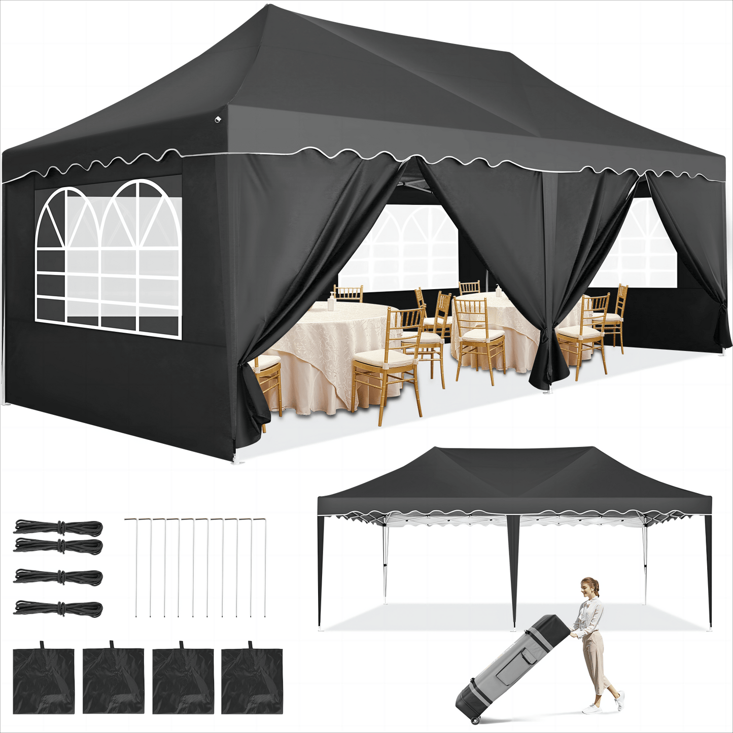 3.05x 6.1meter Canopy with Side Walls, Pop-up Tent, Party Tent with Roller Bag And 4 Sandbags, Easy to Install, Sunproof, Suitable for Camping, Picnics, Barbecues, Parties