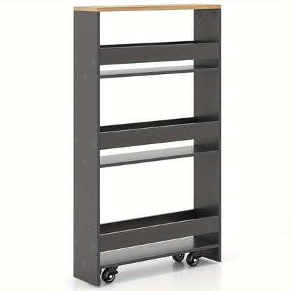 Keukentrolley – Rollwagen – Serveerwagen – Keukenwagen – Opbergtrolley – 4 Lagen met Houten Handvat – Smal Design 13 cm Breed