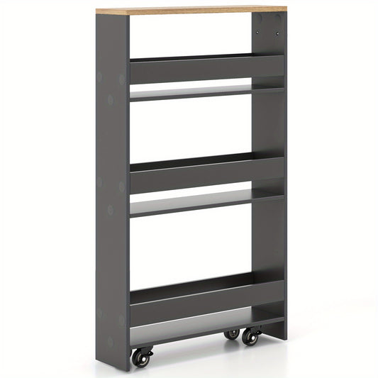 Keukentrolley – Rollwagen – Serveerwagen – Keukenwagen – Opbergtrolley – 4 Lagen met Houten Handvat – Smal Design 13 cm Breed
