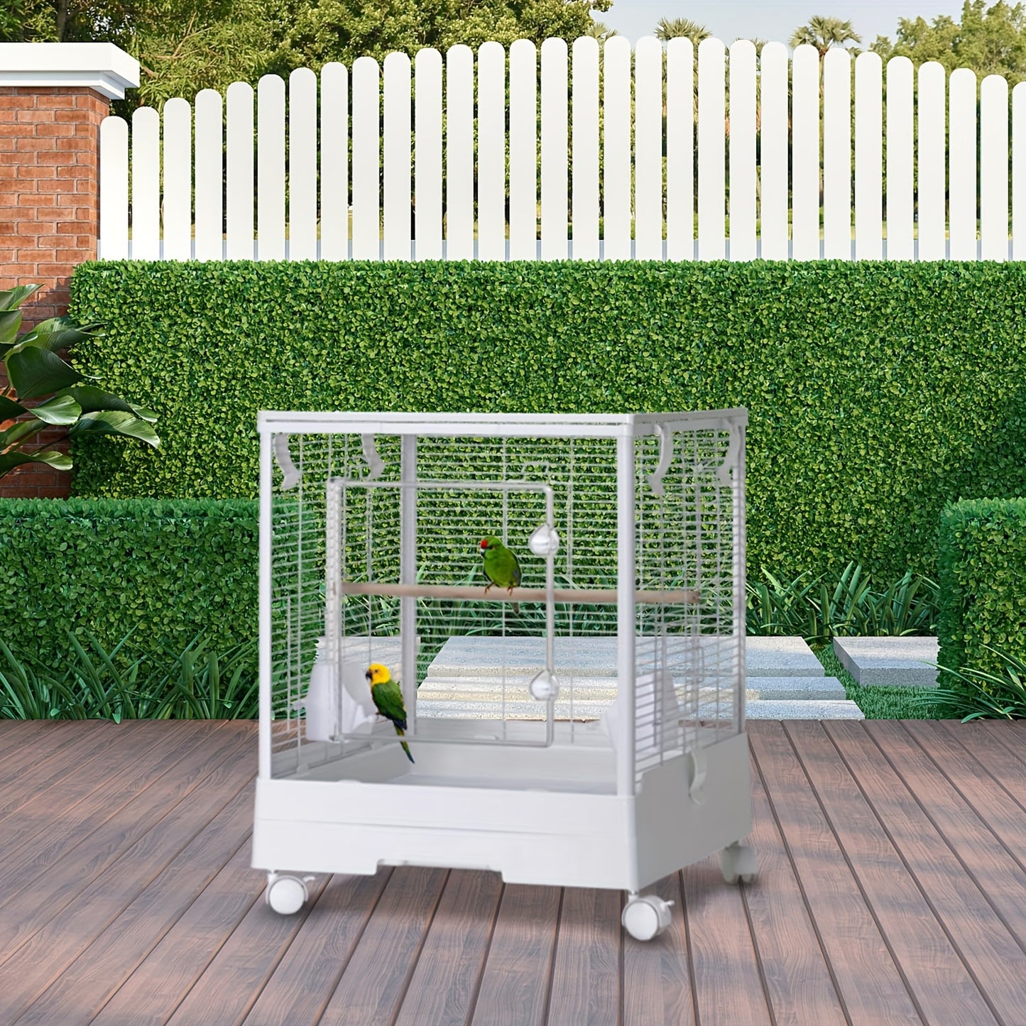 2-in-1 Travel Bird Cage & Playground Stand with 2-Level Parrot Carrier - 111.76cm White Portable Bird aviary for medium/small birds, Lockable Wheels, Removable Grid, Slide-Out Tray, Perches & Feeding Cups - Ideal for, Vet Vis
