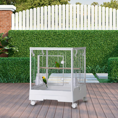 2-in-1 Travel Bird Cage & Playground Stand with 2-Level Parrot Carrier - 111.76cm White Portable Bird aviary for medium/small birds, Lockable Wheels, Removable Grid, Slide-Out Tray, Perches & Feeding Cups - Ideal for, Vet Vis