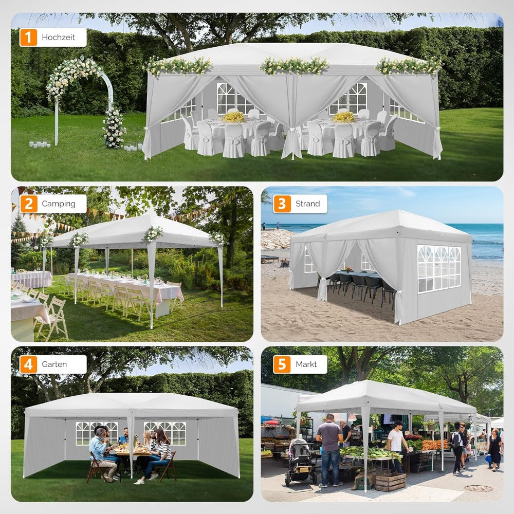 Vouwtent – Partytent – Opzettent – Klaptent – Paviljoen – Wit Met 4 Zijwanden – Weerbestendig 210D Oxford Stof – Ruim 3 x 6 Meter