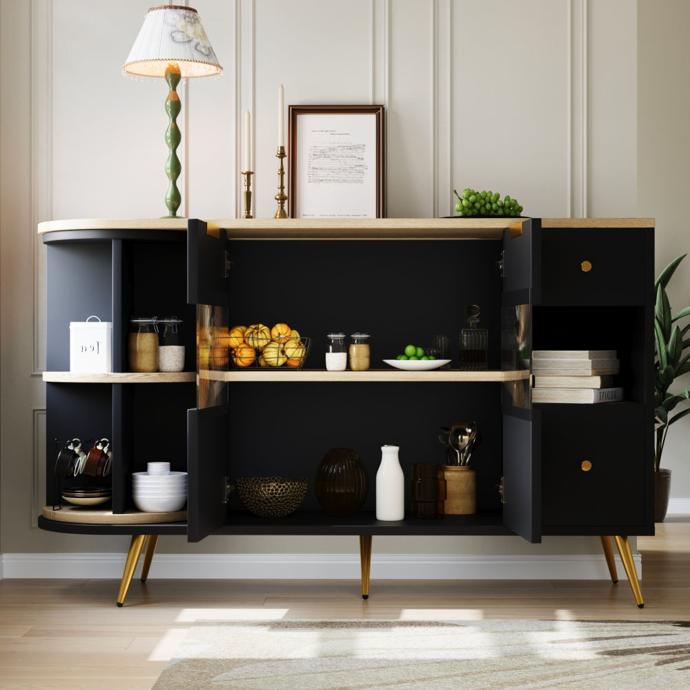 Dressoir – Opbergkast – Ladekast – Buffetkast – Wandkast – Zwart Met Schuifdeuren Van Glas – Vochtbestendig Niet-Houten Materiaal Met Gouden Accenten