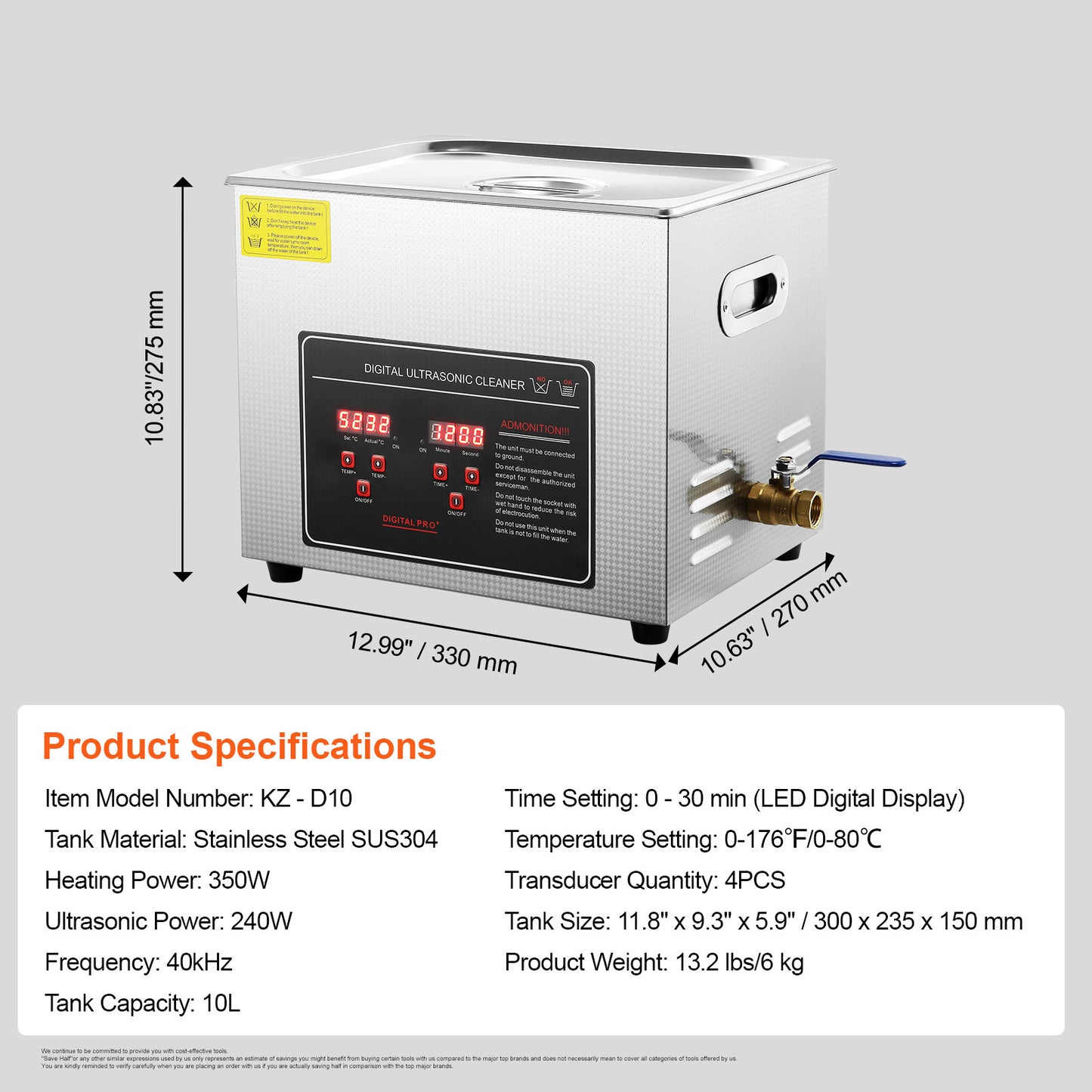 Ultrasoon Reinigingsapparaat – Ultrasone Reiniger – Sieradenreiniger – Brillenreiniger – Horlogereiniger – 10 Liter RVS Tank – Digitale Timer & Verwarming