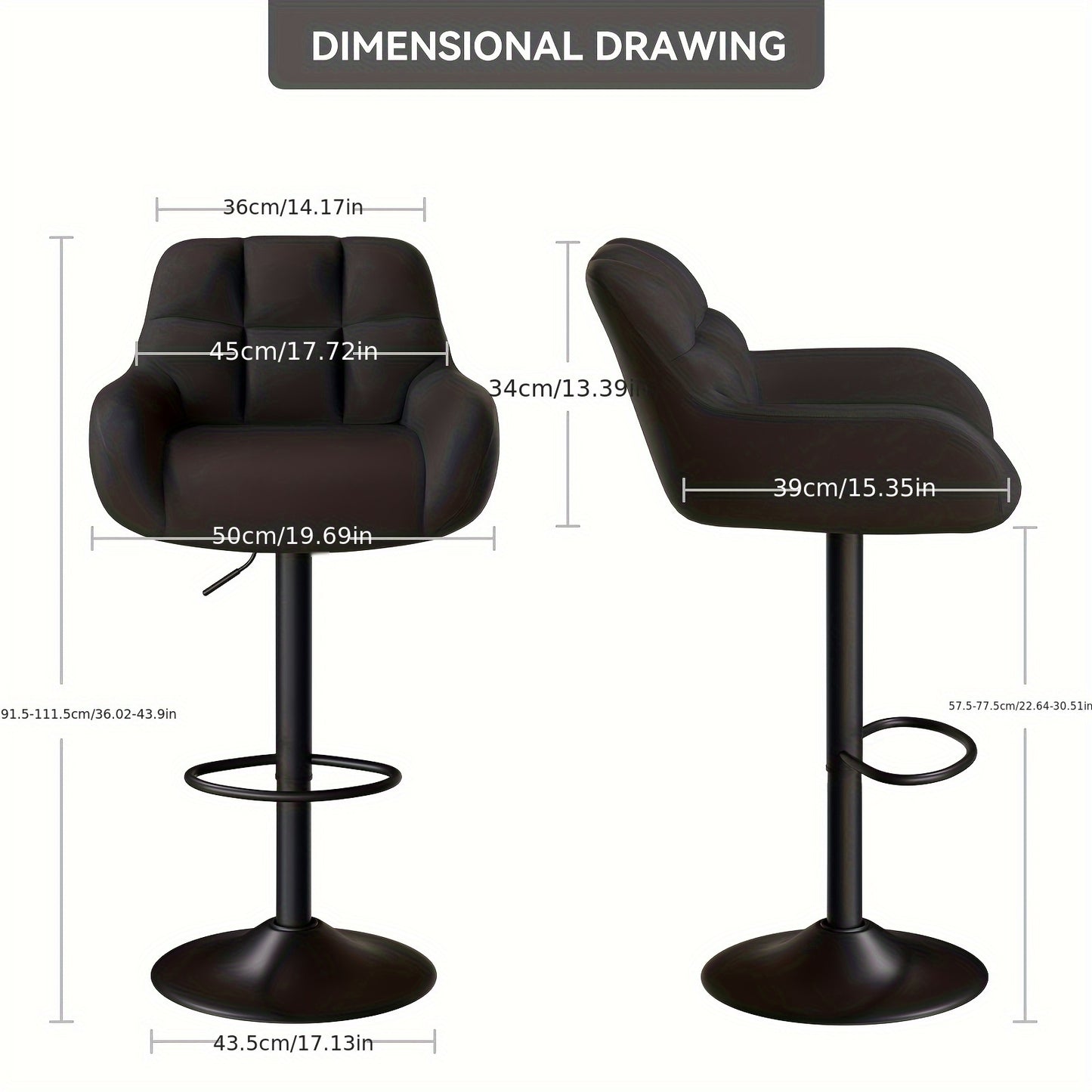 Modern Bar Stool Set of 2, Ergonomic, Adjustable Metal Frame with Backrest and Armrests, Bar Stools, Kitchen Island Bar Stools for Kitchen Islands, Home Bars, Restaurants [2 Colors Available].