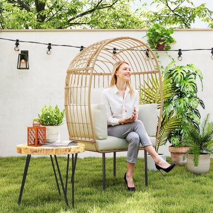 Rotan Ei-Stoel – Rattan Stoel – Tuinstoel – Buitenzetel – Lounge Stoel – Beige – Handgevlochten Rotan – Afneembaar Gewatteerd Kussen – 95x80x155 cm
