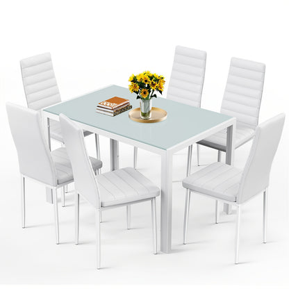 Eettafelset – Eethoek – Zitgroep – Keukentafelset – Eetkamermeubel – Ronde 6-persoons – Tempered Glass Tafelblad – Gestoffeerde Stoelen – Ruimtebesparend – Modern Design