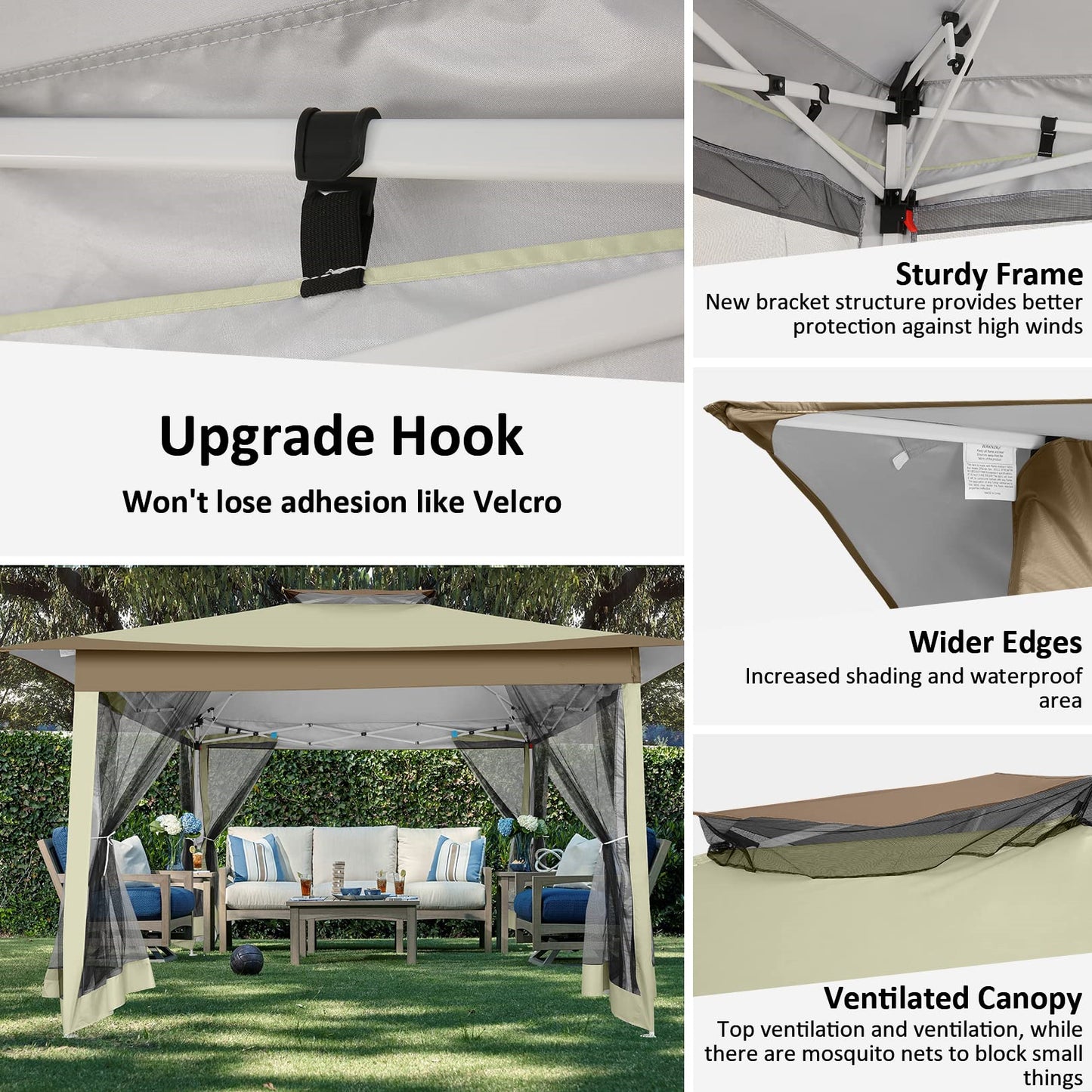 3.6*3.6m Outdoor Gazebo Pop Up Gazebo Canopy With Mosquito Netting Patio Gazebo Canopy Tent Backyard Canopy With 2-Tiered Vented Top 3 Adjustable Height And 144 Square Ft Of Shade