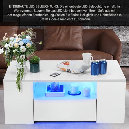 High Gloss Salontafel met Opbergruimte – Wit – RGB LED-verlichting, 2 Laden & Open Plank – Rechthoekige Tafel voor Woonkamer en Kantoor