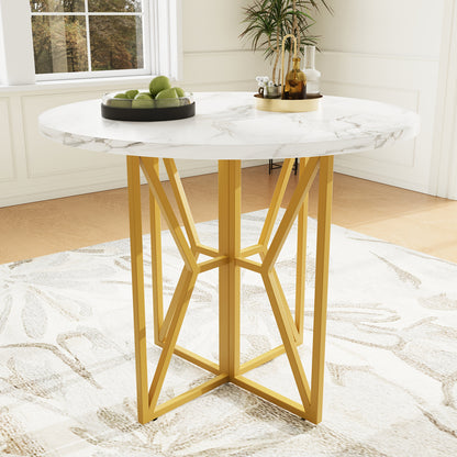 Ronde Eettafel – Ronde Tafel – Eetkamertafel – Keukentafel – Tafel Rond – Marmerlook MDF Blad – Gouden Metalen Poot – 80x80x76 cm – Voor 4-6 Personen