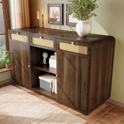 Dressoir – Sideboard – Opbergkast – Ladekast – Buffetkast – Notenhout Met Rattan Details – 120x40x85 Cm – Verstelbare Planken