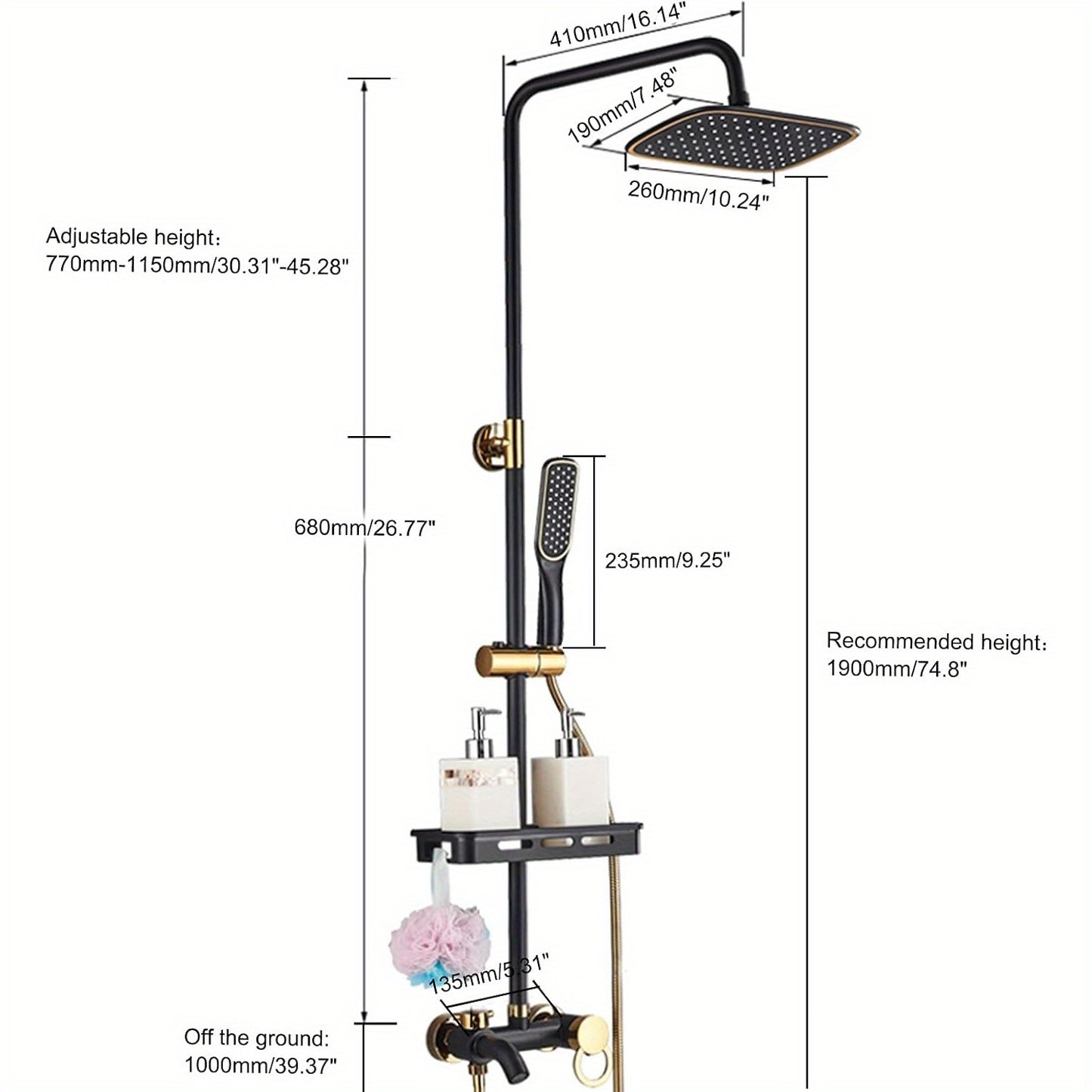 Goodslinesshop 3-Function Bathroom Shower Set Shower Arm Regenerative Shower Hand Shower Shower System Black Bathroom Water Tap Rain Shower Head Set Mounted on the Wall with Soap Holder High-Quality Black Golden