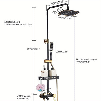 Goodslinesshop 3-Function Bathroom Shower Set Shower Arm Regenerative Shower Hand Shower Shower System Black Bathroom Water Tap Rain Shower Head Set Mounted on the Wall with Soap Holder High-Quality Black Golden