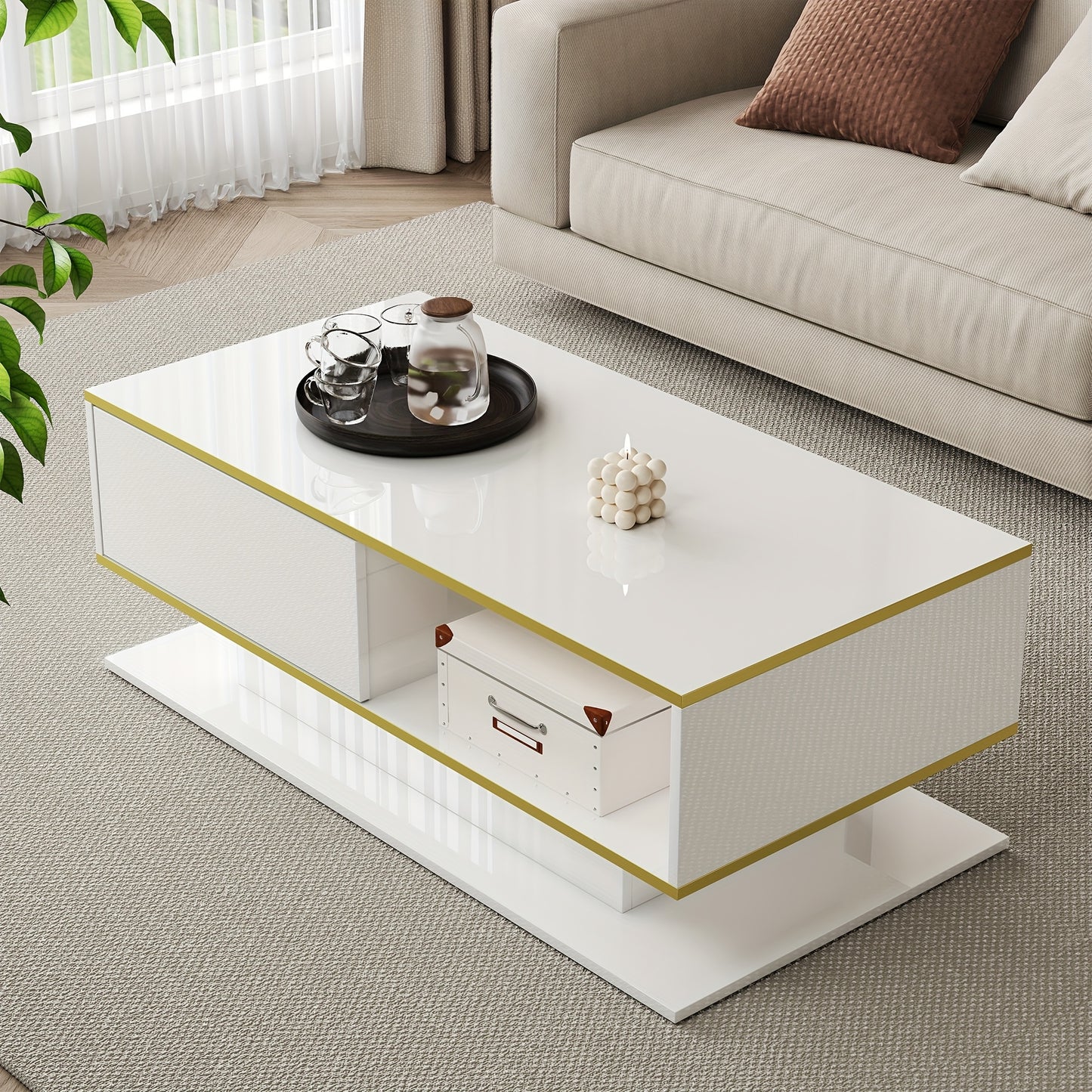 Salontafel – Woonkamertafel – Bijzettafel – Koffietafel – Tafeltje – Hoogglans Wit – Gouden Accenten – 3 Lades Met Open Vakken