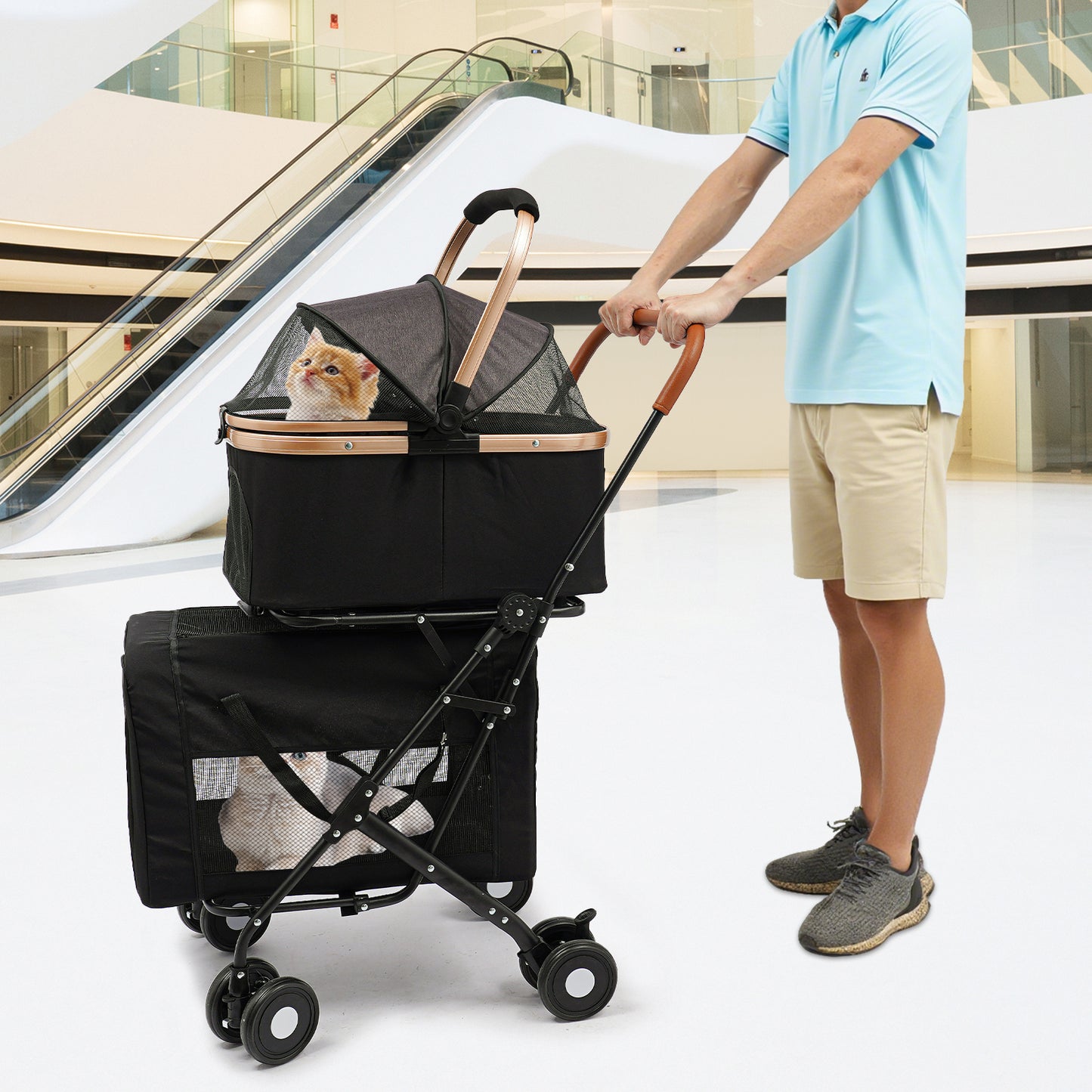 Dubbele Huisdierwagen – Dierenwagen – Huisdierbuggy – Hondenwagen – Kattenwagen – Zwart – 3-in-1 Opvouwbaar Ontwerp – Duurzaam Metalen Frame & Oxford Stof