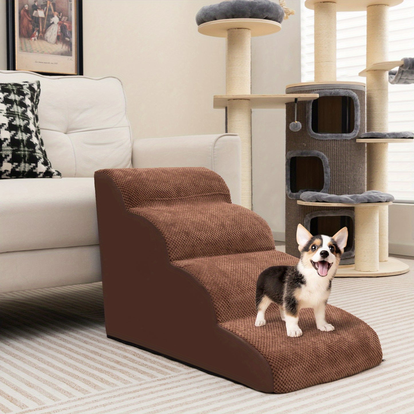 Hondenladder – Hondentrap – Hondenloopplank – Huisdierentrap – Antislip Corduroy Oppervlak – 4 Treden Met Zachte Schuimvulling – Wasbare Hoes – Brede, Diepe Treden – Koffie