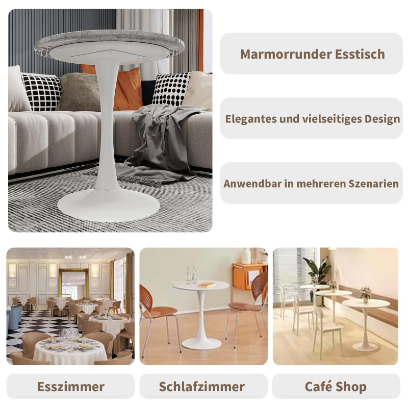 Ronde Salontafel – Bijzettafel – Koffietafel – Eettafel – Tafel – Kunstmarmer Blad – Lichtgrijze IJzeren Poot – 70 cm Diameter – Geschikt voor 2-4 Personen