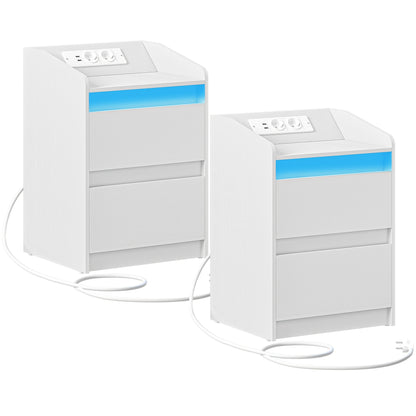 Nachtkastje – Bijzettafel – Opbergkastje – Ladekast – Witte Set Van 2 – 2 Laden Per Kastje – Ingebouwde USB Poorten En Stopcontacten