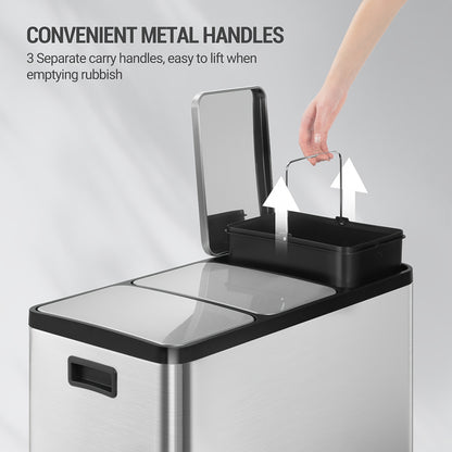 Kitchen Trash Can, Waste Separation System with 3 Compartments, 45L (3 X 15L), Stainless Steel Kitchen Trash Can, Pedal Bin with Color-coded Pedals, Waste Bin with Quiet, Slow Descent, Silvery, Garbage Bin for Kitchen, Wall M