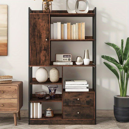 Boekenkast – Boekenrek – Opbergkast – Vakkenkast – Stellingkast – Industrieel Design – 6 Planken Met Deuren En Lades – Stalen Antiek Bruine Afwerking – Vloer Tot Plafond Hoogte
