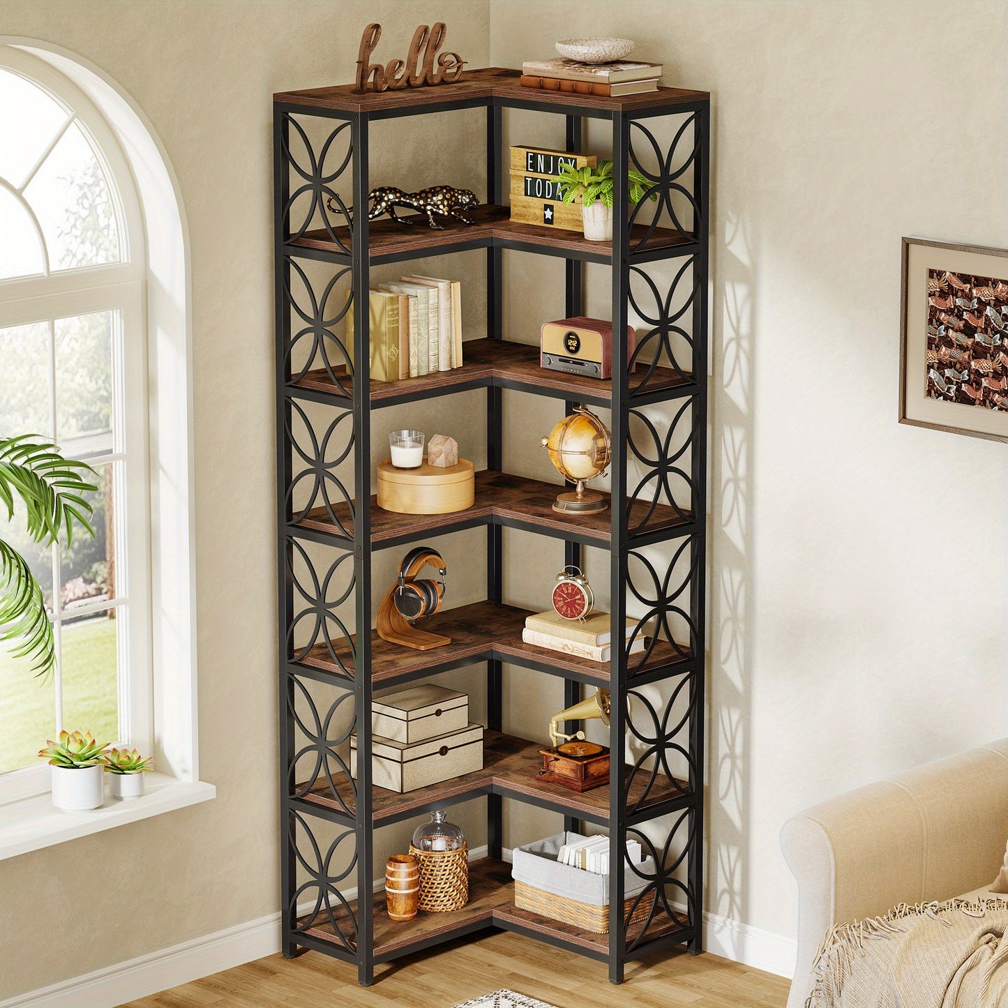 79-Inch Tall 7-Tier L-Shaped Corner Bookcase with Metal Frame - Heavy-Duty Freestanding Storage Shelf, Space-Saving Curved Design, Engineered Wood & Metal Construction, Contemporary Modern Style in Rustic Brown & Black for Li