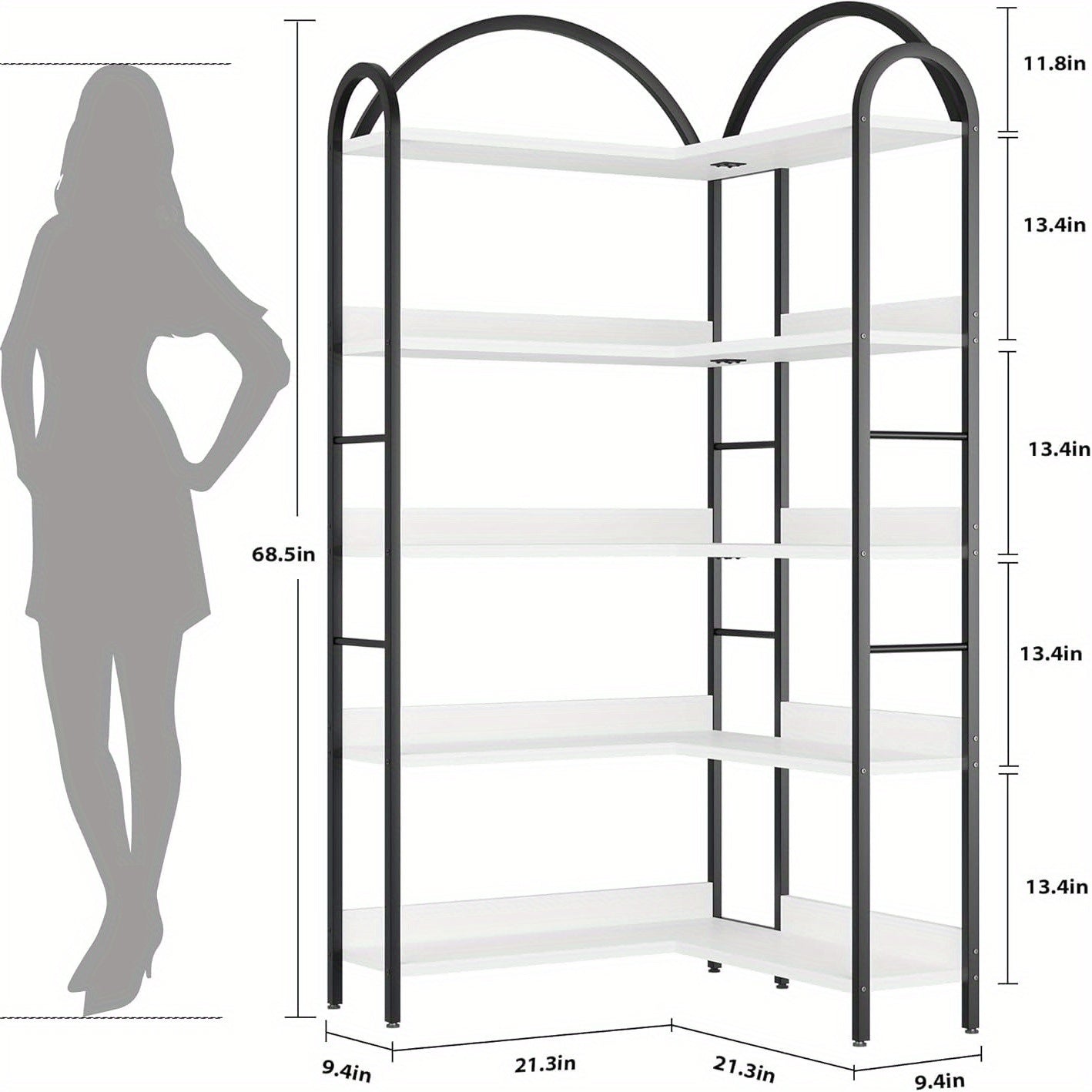 Boekenplank – Boekenrek – Wandplank – Boekenhouder – Boekenkast – Industrieel Metalen Hoekrek – 5-Lagen Boogvormige Planken – Vrijstaand en Stevig A-Frame Design